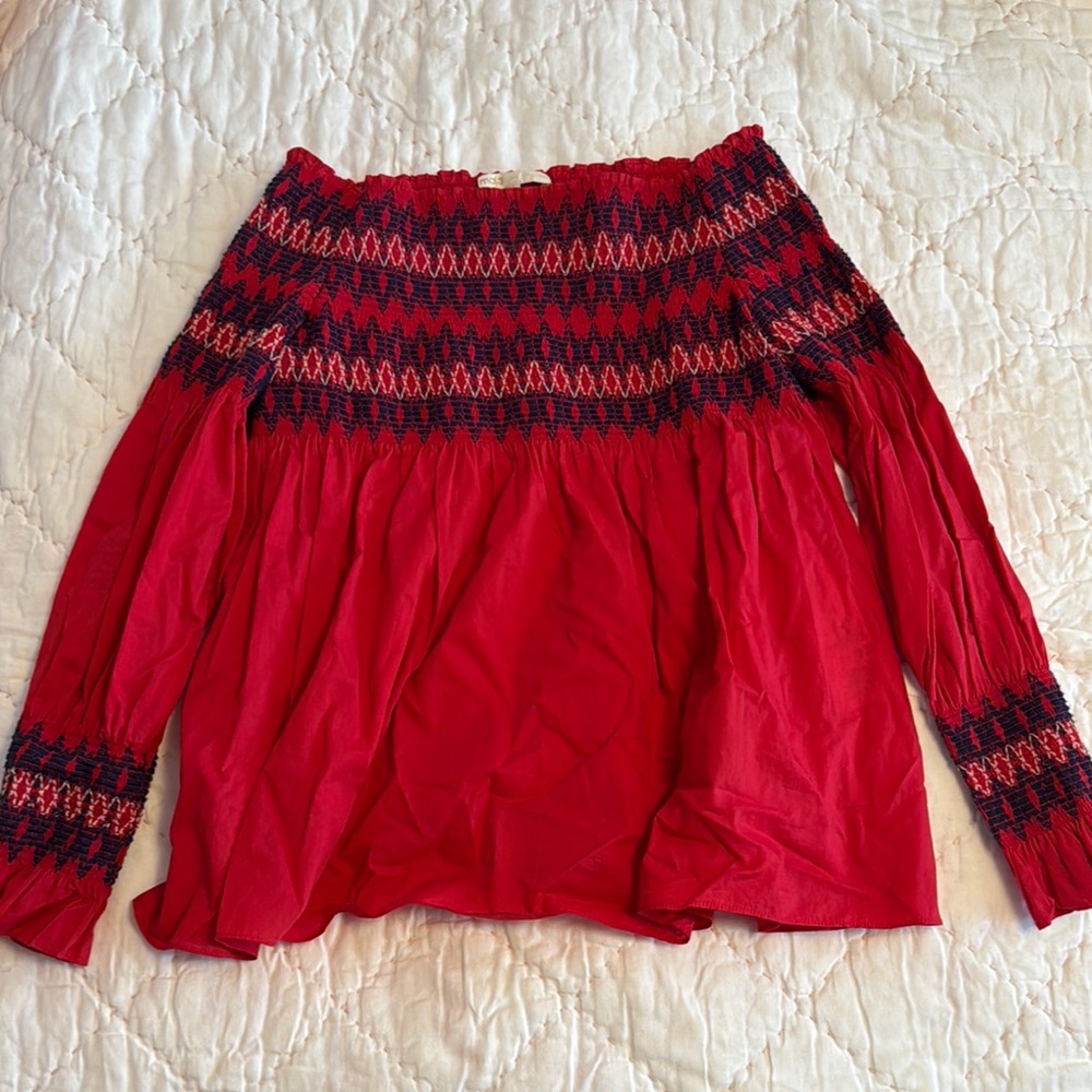 Maje Red Off-Shoulder Smocked Women's Top